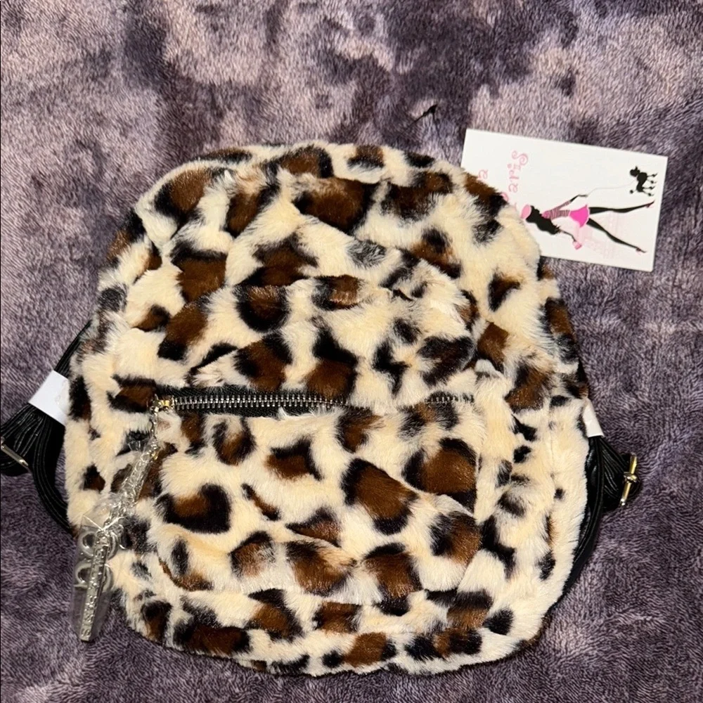 brown leopard print faux fur mini backpack The Gilda Paris Leopard Print Faux